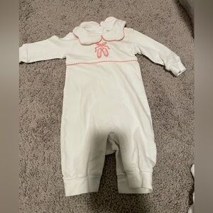 Little English White One-Piece with Pink Trim and Bow Embroidery